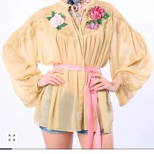 Aratta Yellow Sheer Blouse with Pink Floral Embroidery